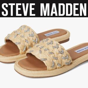 Steve Madden Alibi Rhinestone Slide Sandal- Natural Raffia